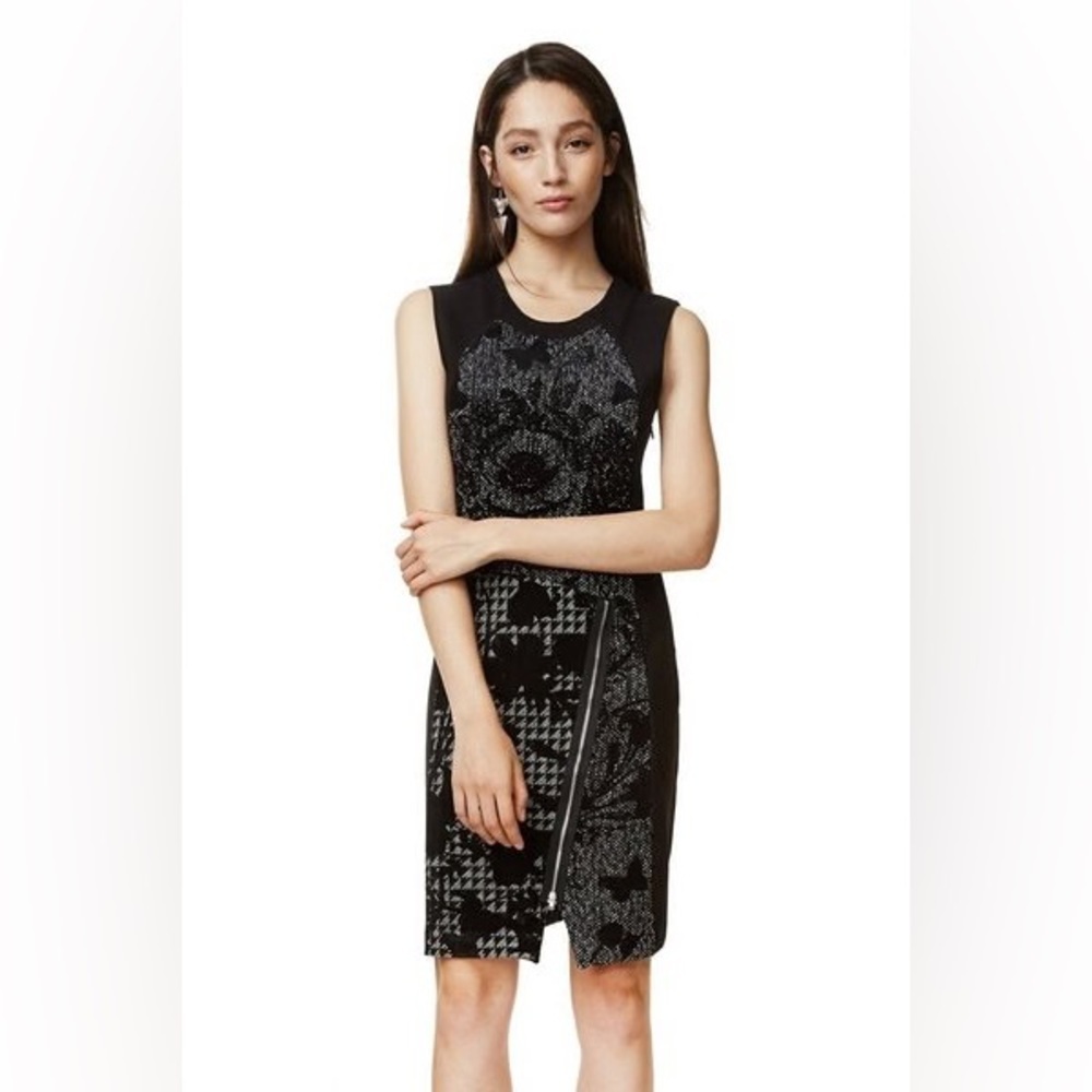 NWOT Desigual Black Vane Printed Sleeveless asymmetrical zip Mini Dress size 38
